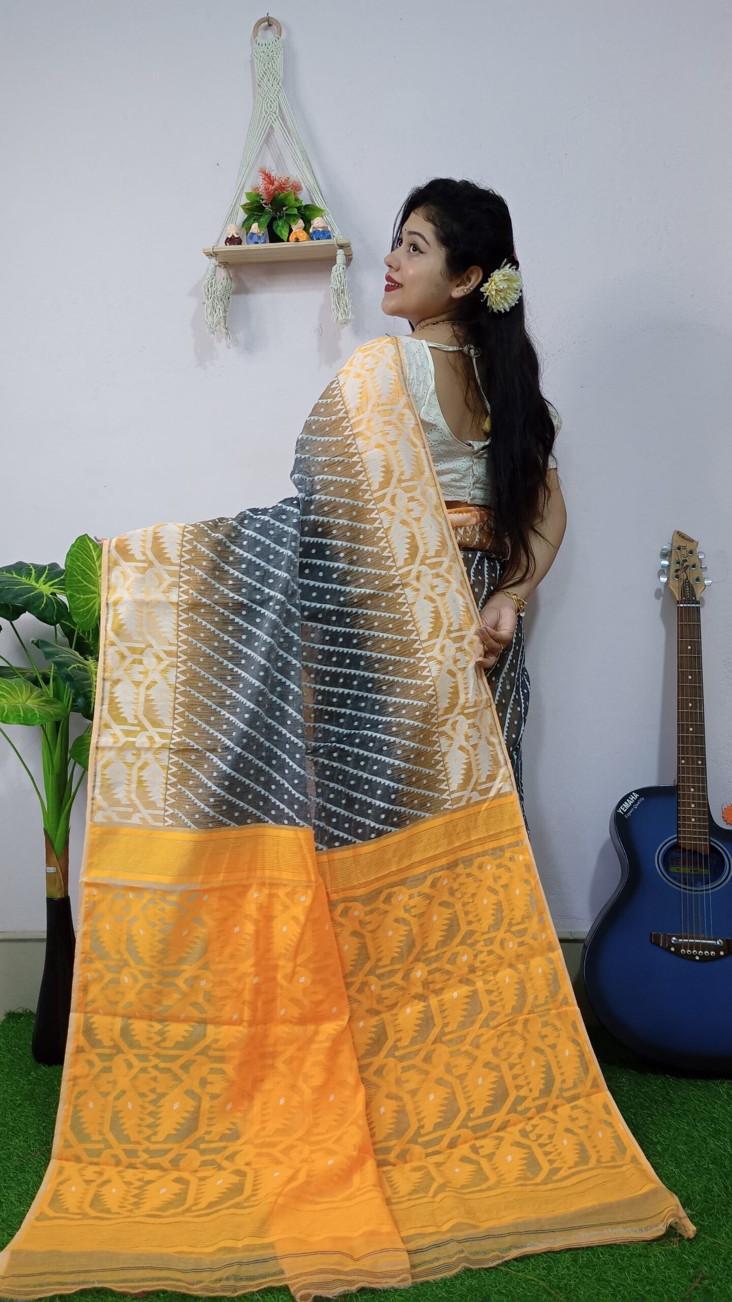 Exclusive Ikkat Black Yellow Jamdani Saree - Image 2