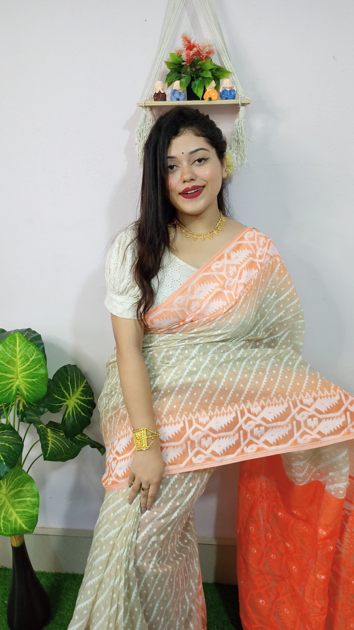 Exclusive Ikkat Cream Orange Jamdani Saree - Image 3