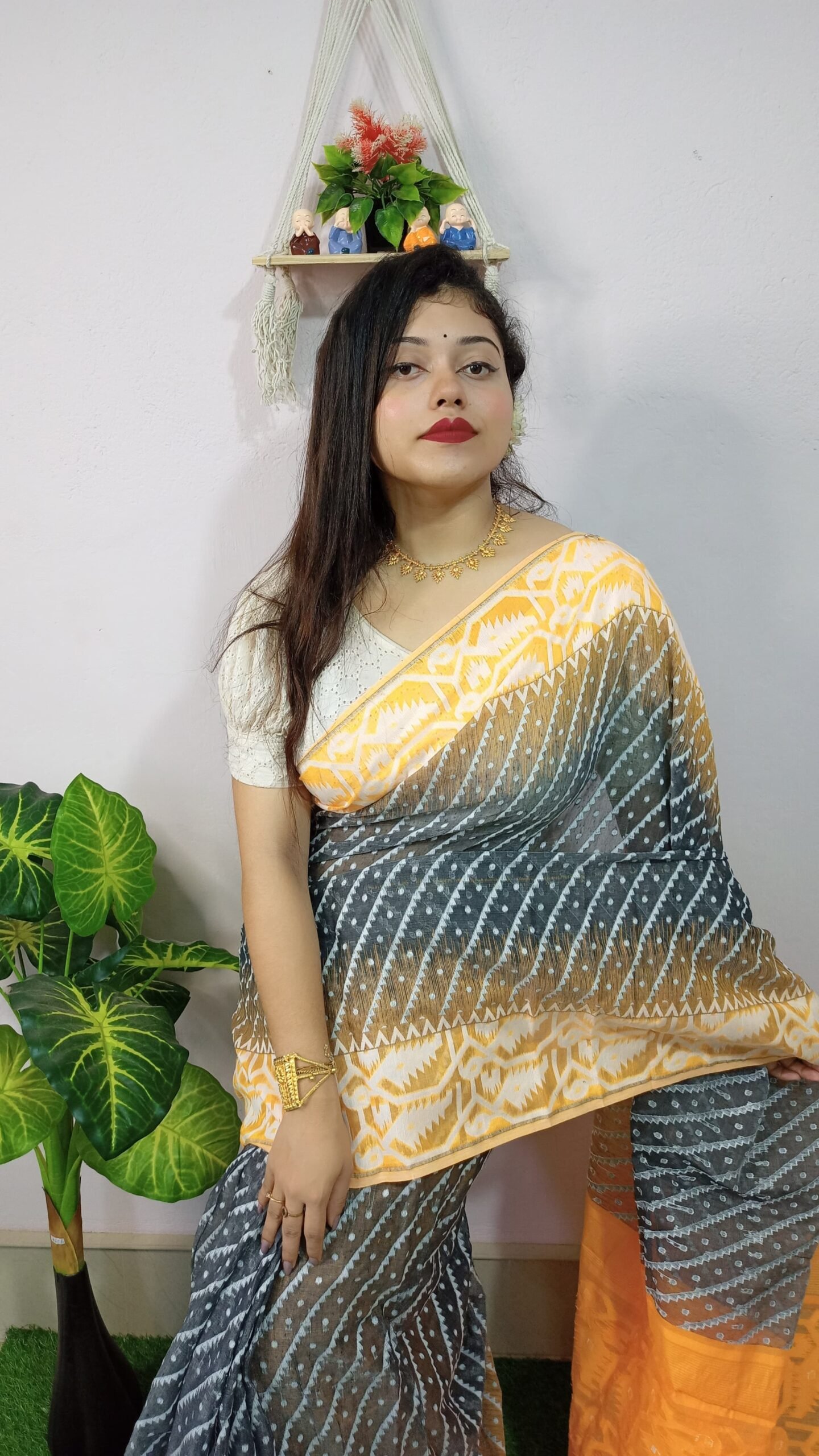 Exclusive Ikkat Black Yellow Jamdani Saree - Image 3