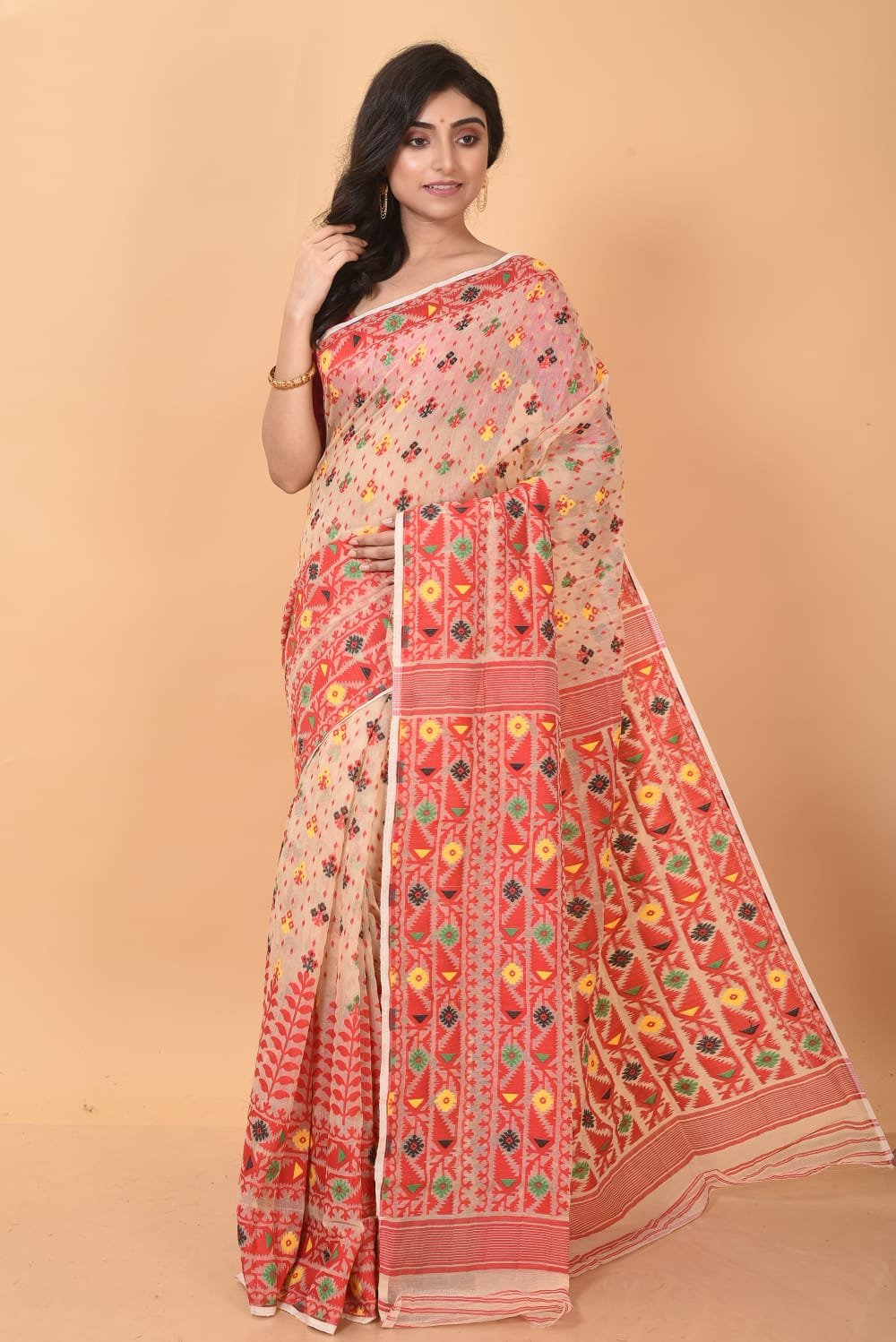Deep Peach Soft Dhakai Jamdani Saree