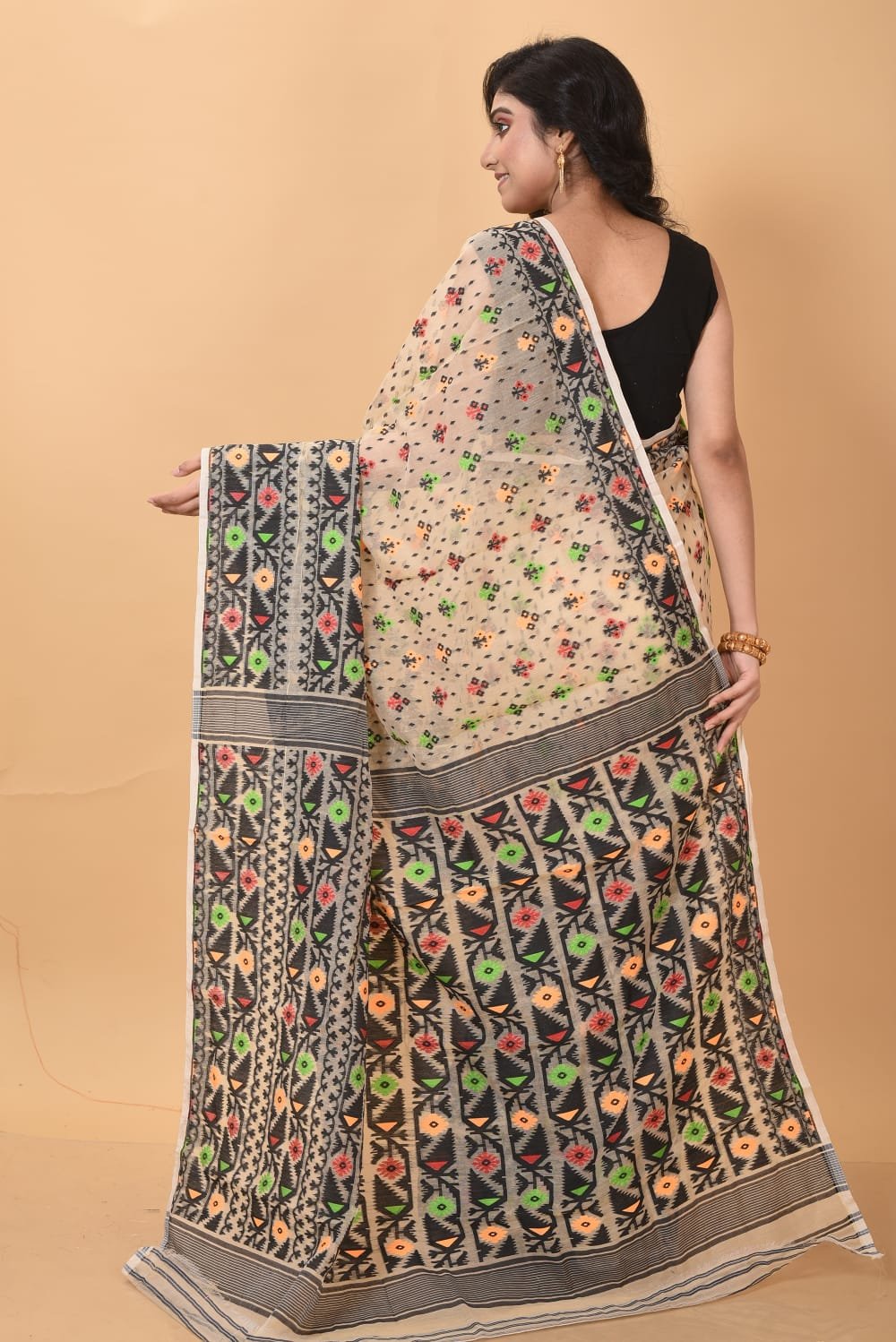 Deep Peach Soft Dhakai Jamdani Sari - Image 2