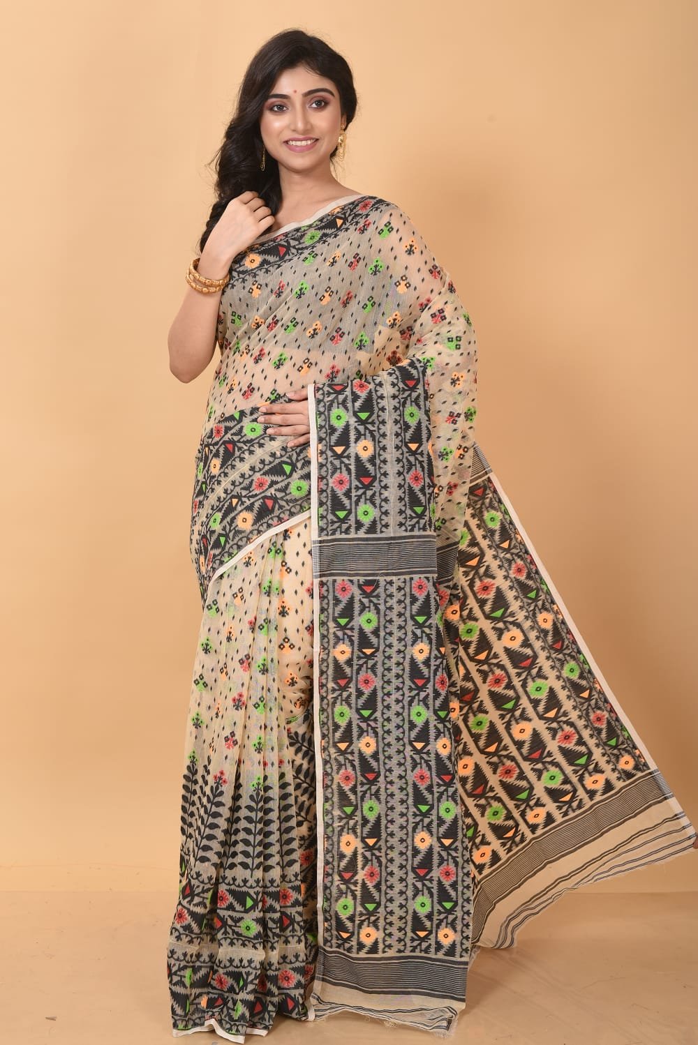 Deep Peach Soft Dhakai Jamdani Sari