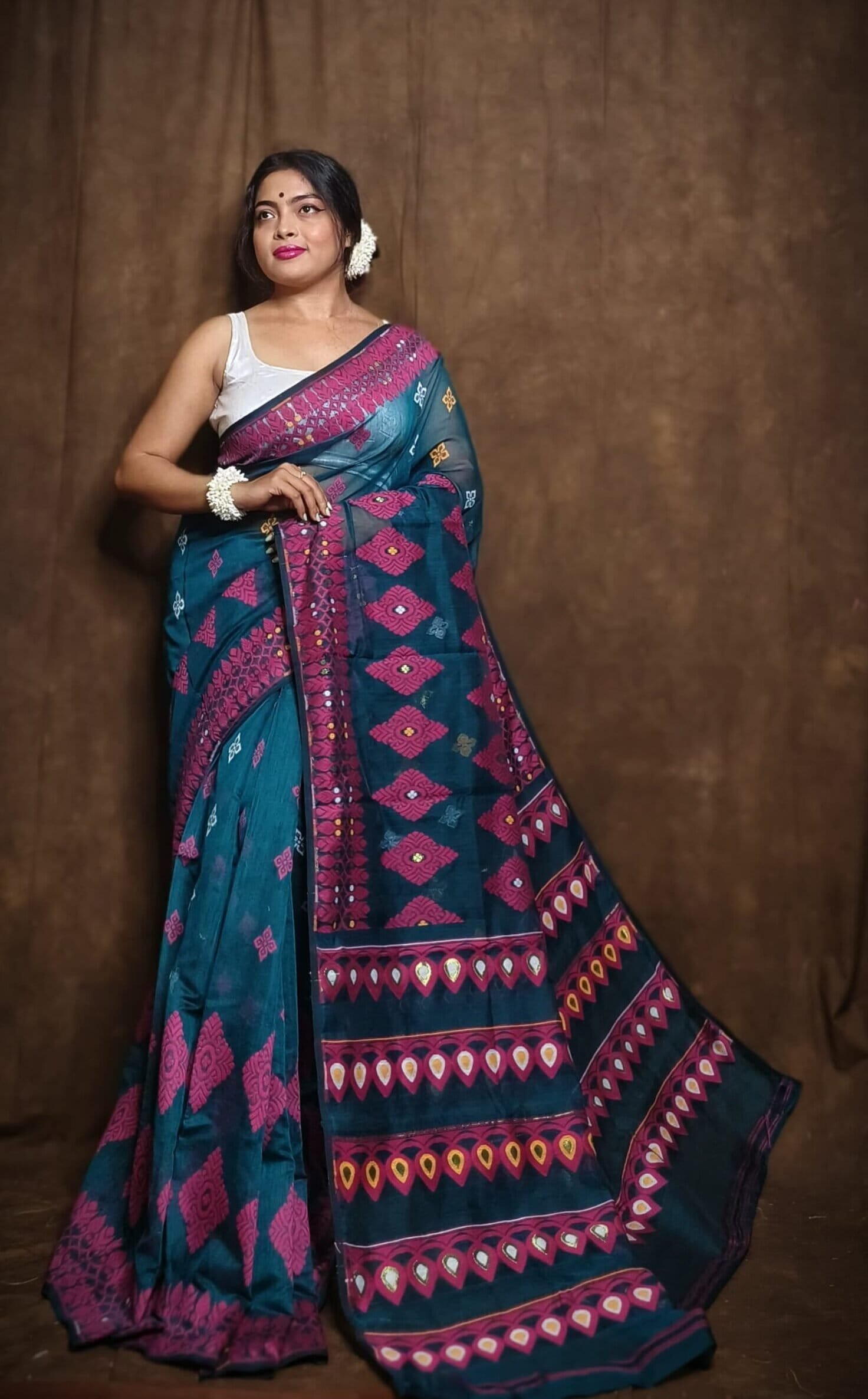 Exclusive Deep Aqua Dhakai Jamdani Saree