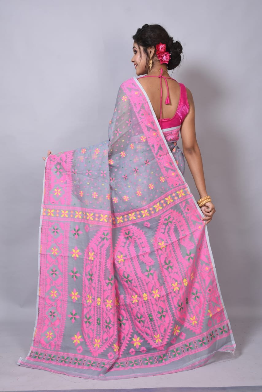 Grey Soft Dhakai Jamdani Saree - Image 2