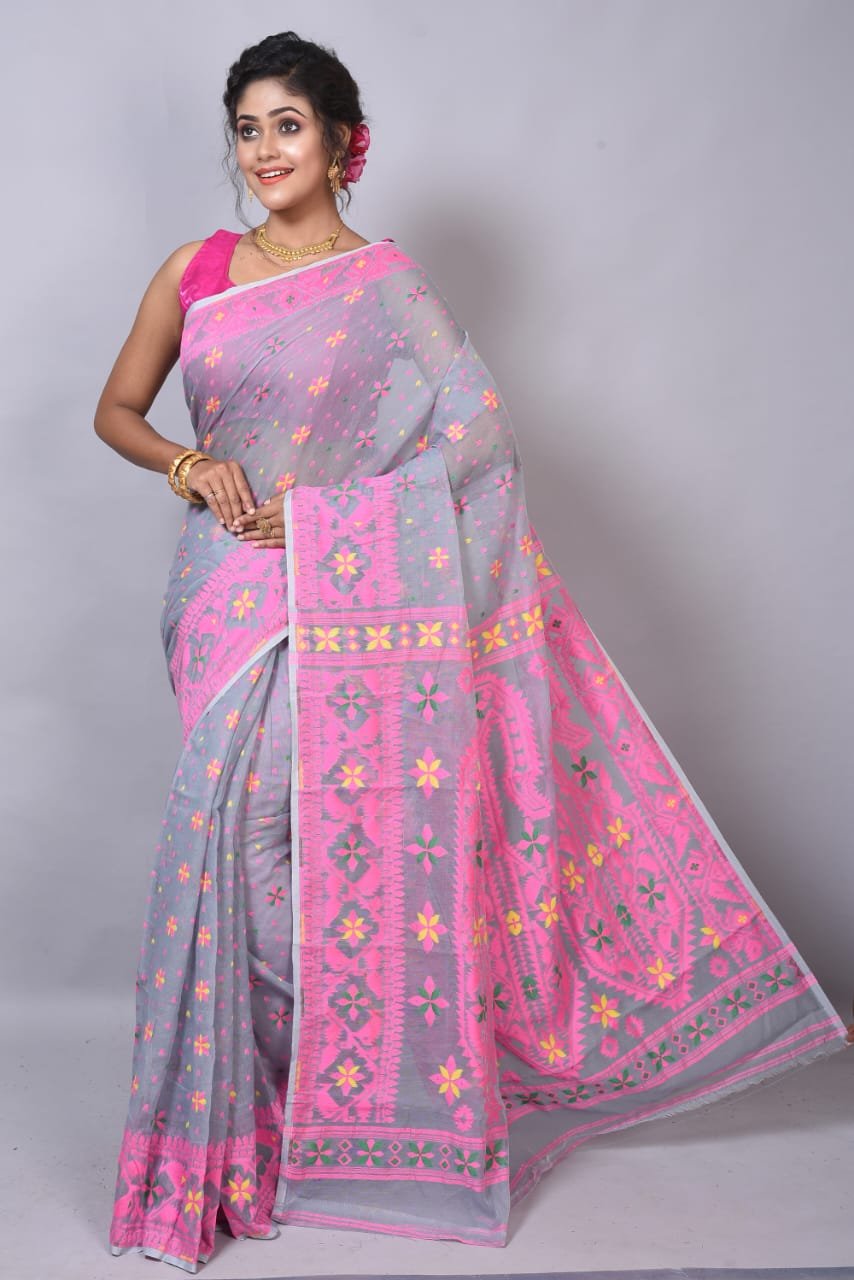 Grey Soft Dhakai Jamdani Saree