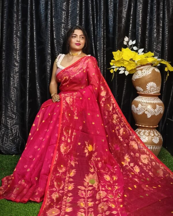 Cadmium Rani Soft Joriwork Dhakai Jamdani Saree