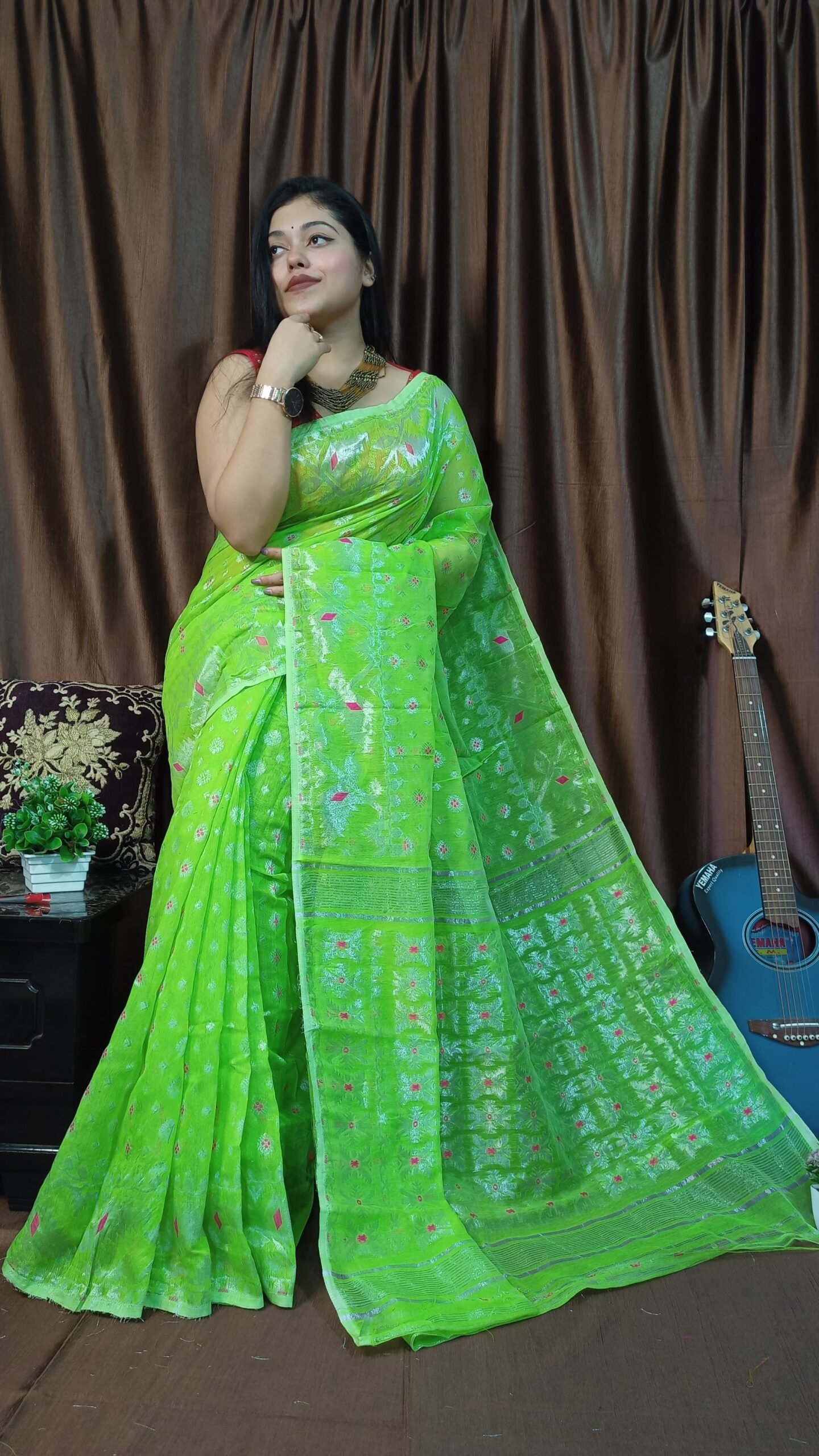 Exclusive Silver Green Jamdani Saree