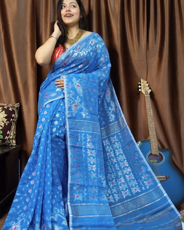Exclusive Silver Sky Blue Jamdani Saree