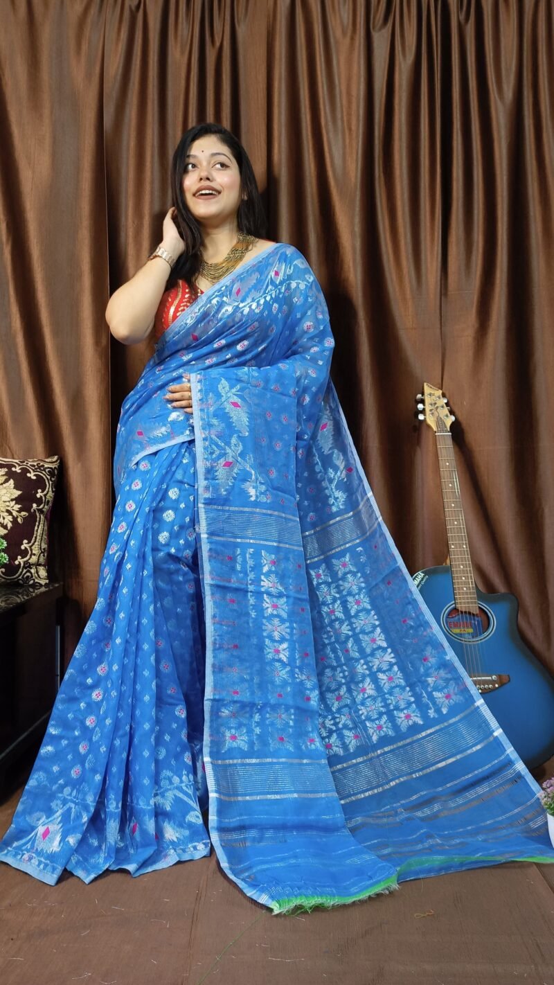 Exclusive Silver Sky Blue Jamdani Saree