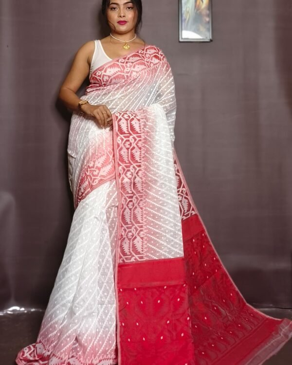Exclusive Ikkat White Red Jamdani Saree