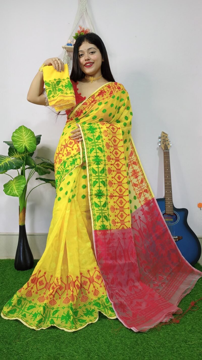 Exclusive M.S.C Tending Yellow Soft Jamdani Saree - Image 4