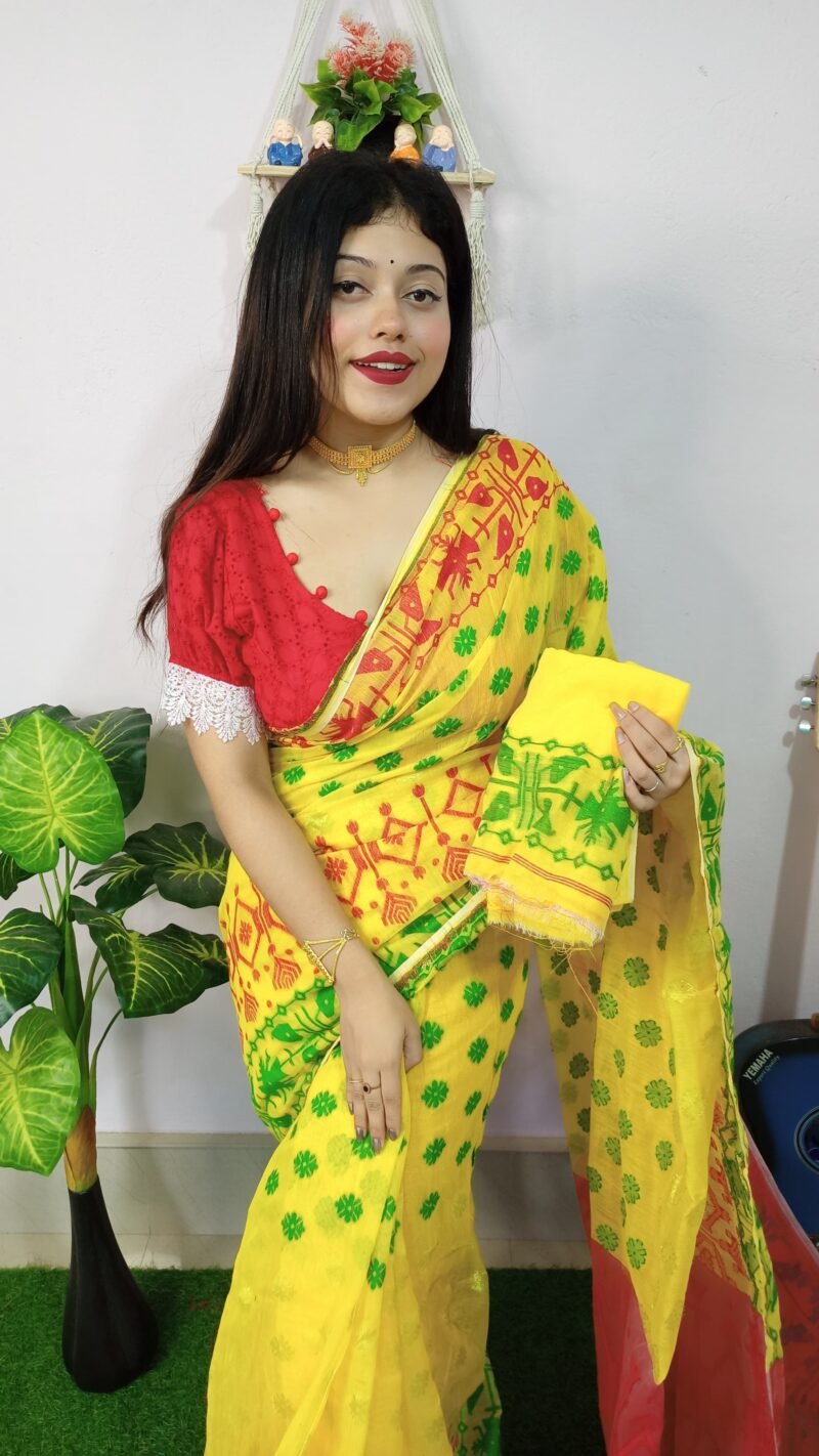 Exclusive M.S.C Tending Yellow Soft Jamdani Saree - Image 2
