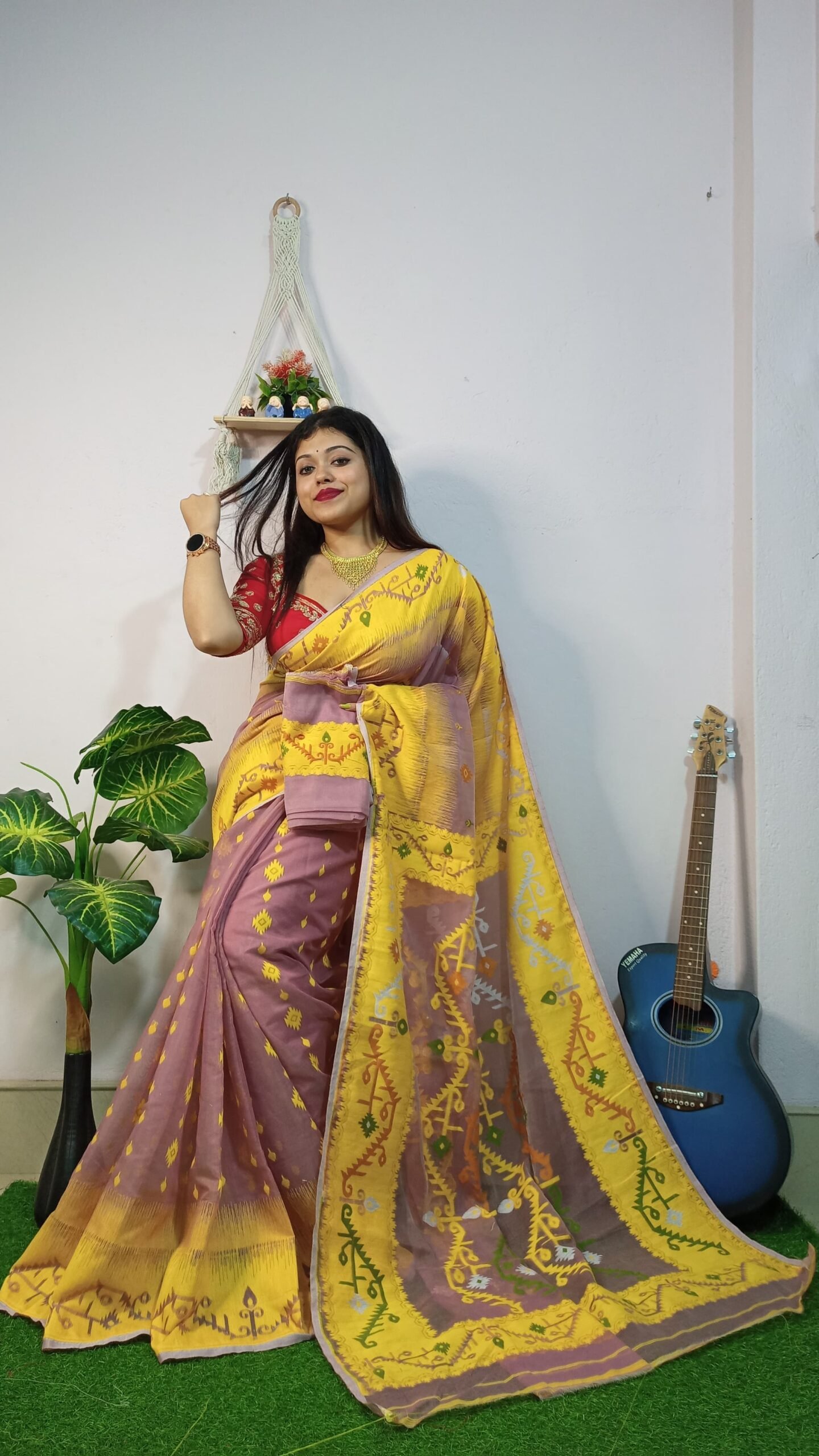 Exclusive Brown Yellow Ikkot Soft Jamdani Saree - Image 2