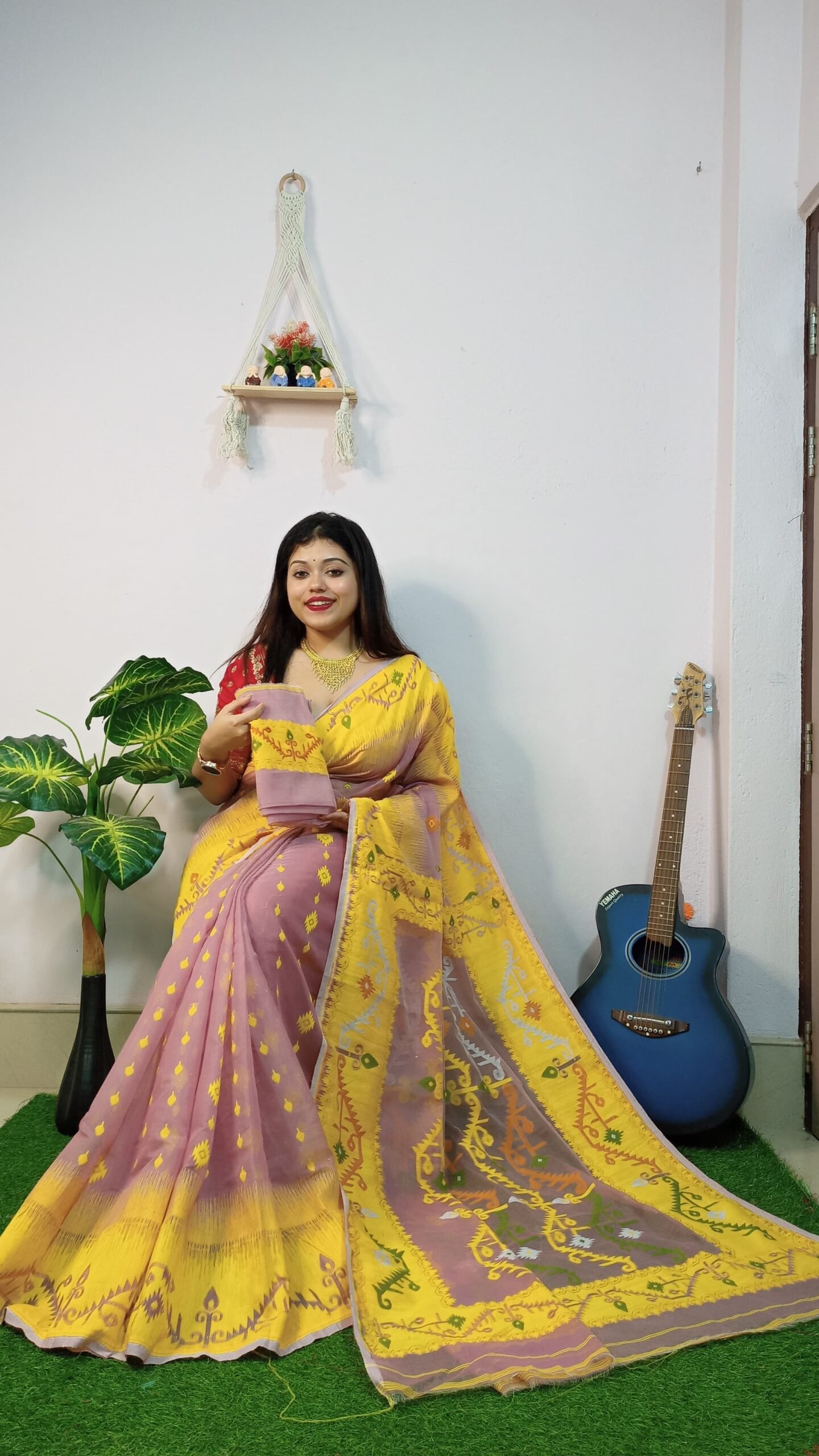Exclusive Brown Yellow Ikkot Soft Jamdani Saree