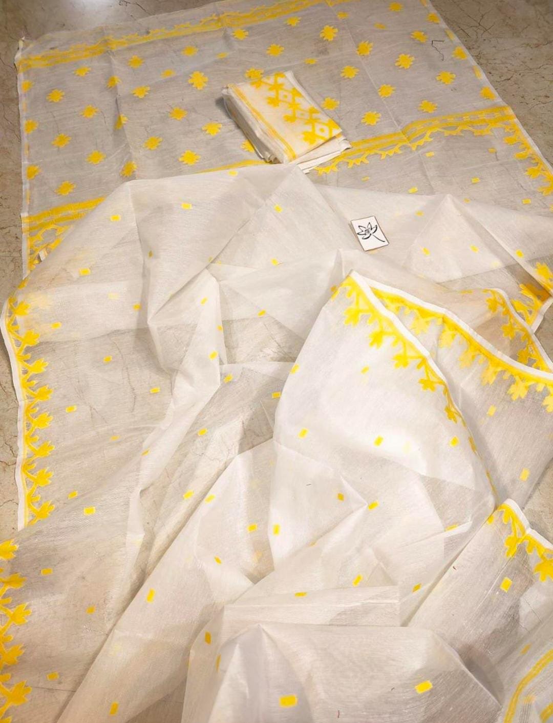 White Yellow Soft Jamdani Saree - Image 2