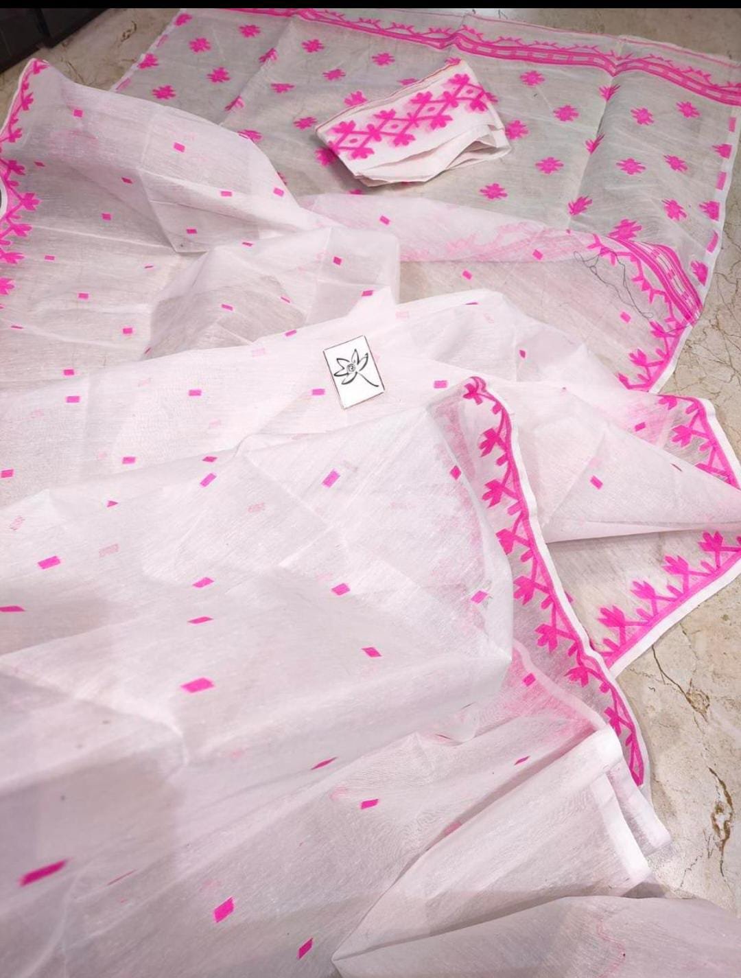 White Pink Soft Jamdani Saree