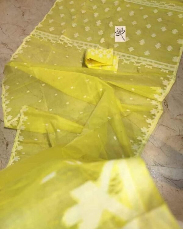 Fuel Yellow White Soft Jamdani Saree