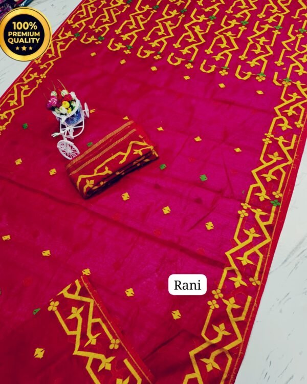 Rani Yellow Maslin Soft Jamdani Saree