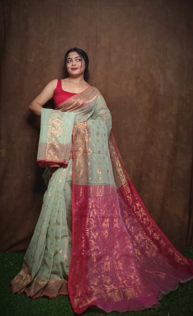 Exclusive Copper Olive Green Jori Jamdani Saree - Image 2