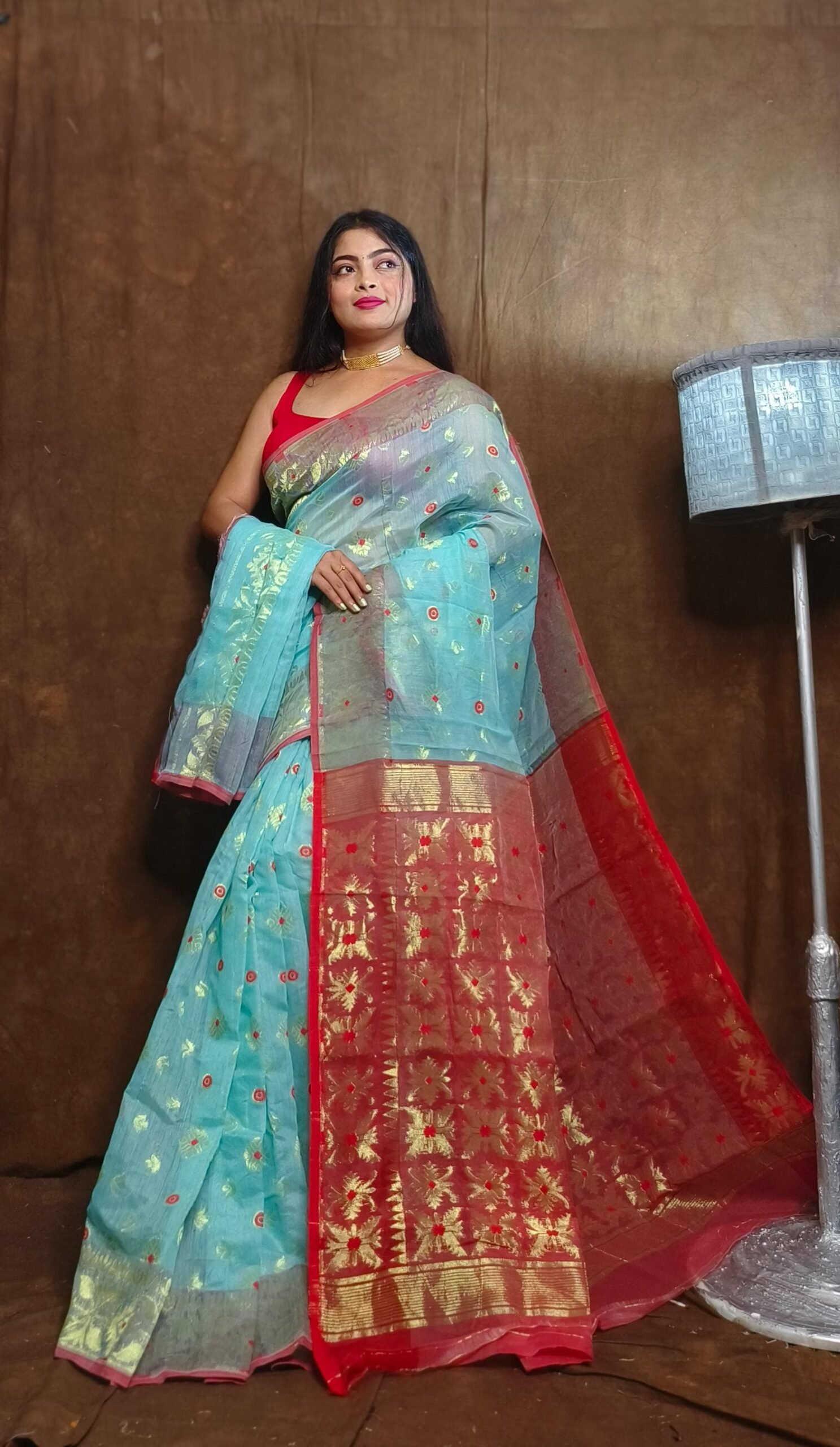 Exclusive Copper Sky Blue Jori Jamdani Saree