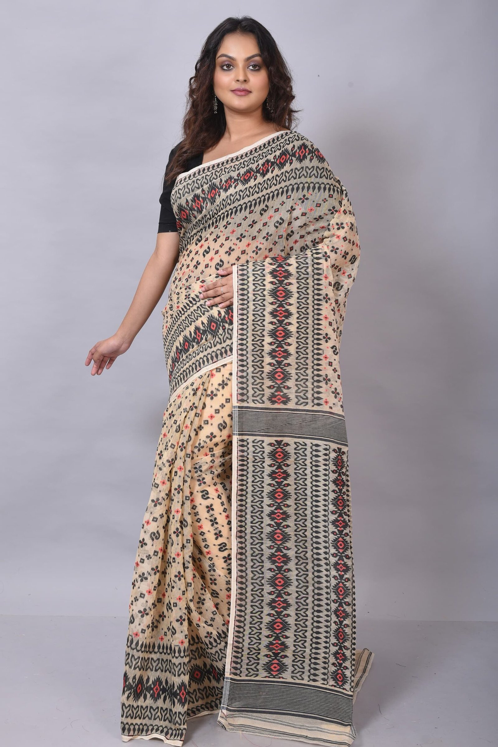 Allover Work Cream Soft Jamdani Saree