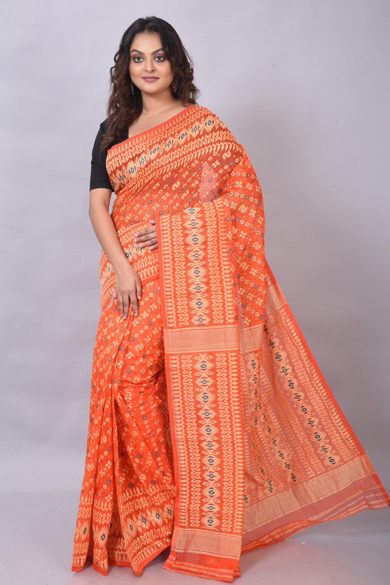 Allover Work Orange Soft Jamdani Saree