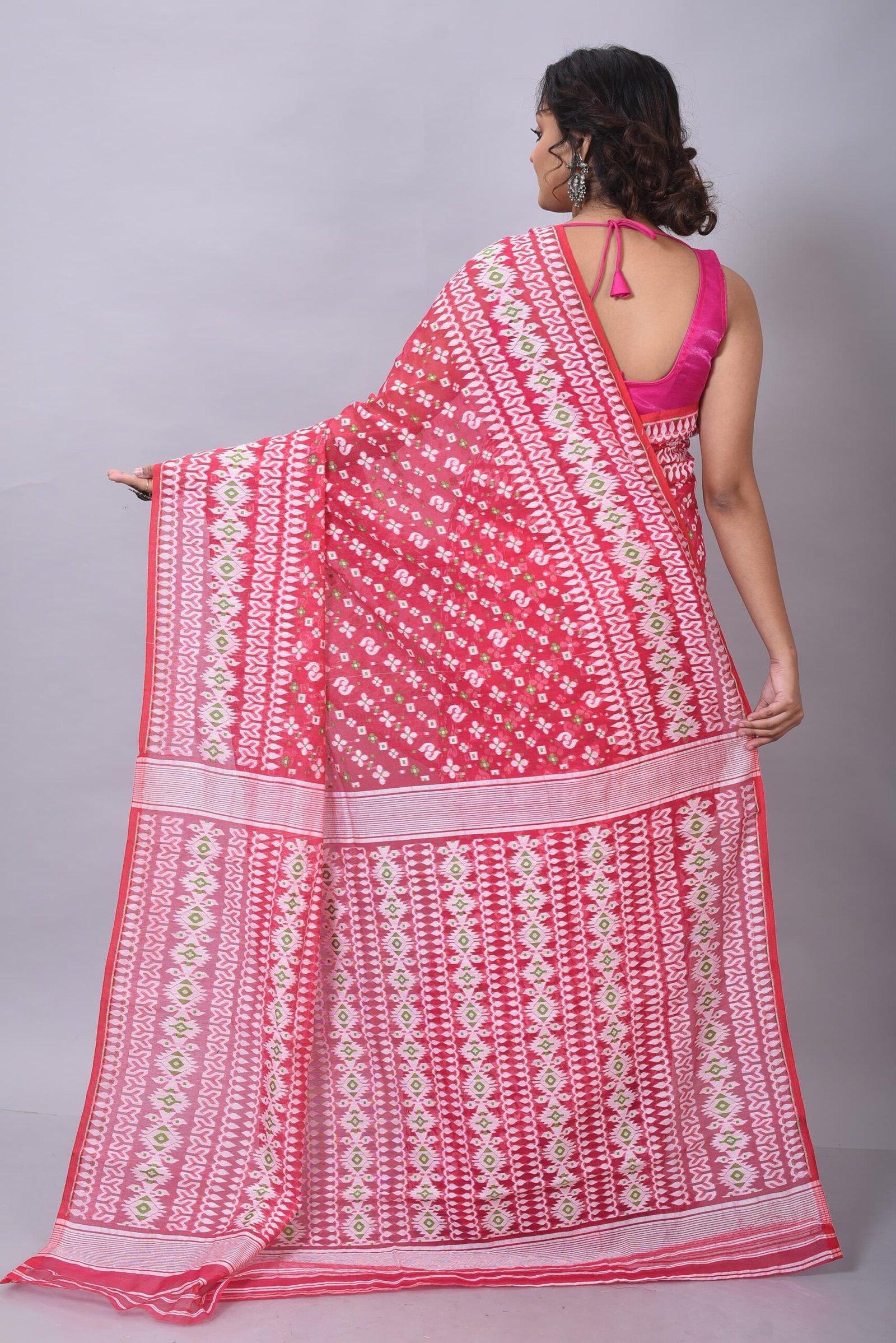 Allover Work Red White Soft Jamdani Saree - Image 2
