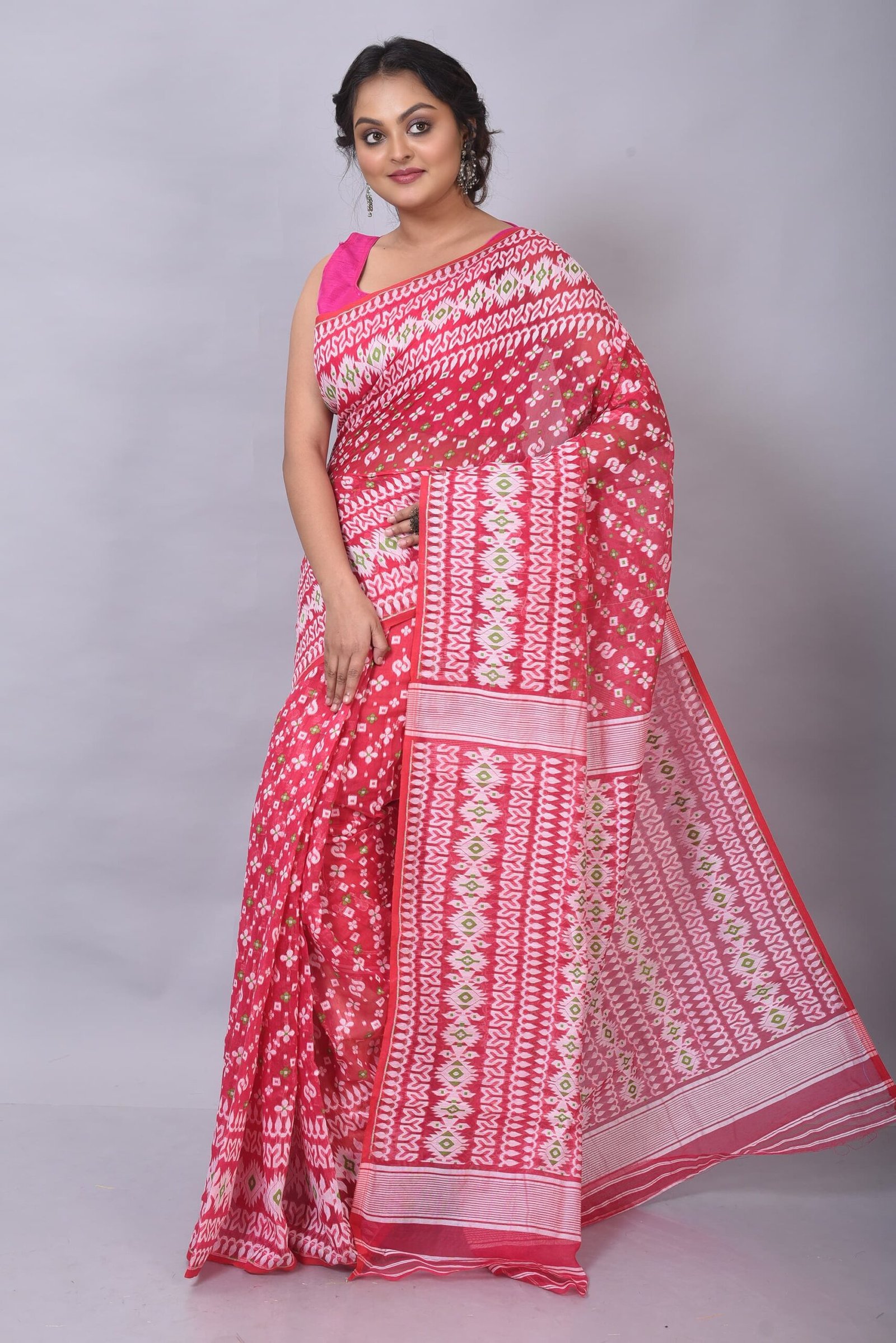 Allover Work Red White Soft Jamdani Saree