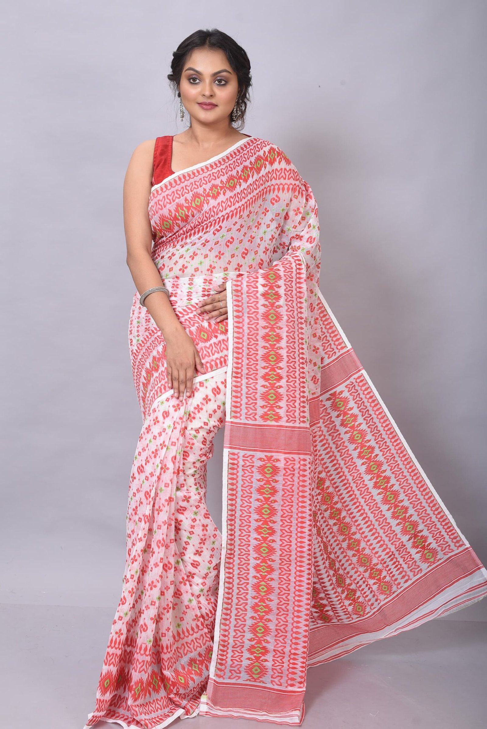 Allover Work White Red Soft Jamdani Saree