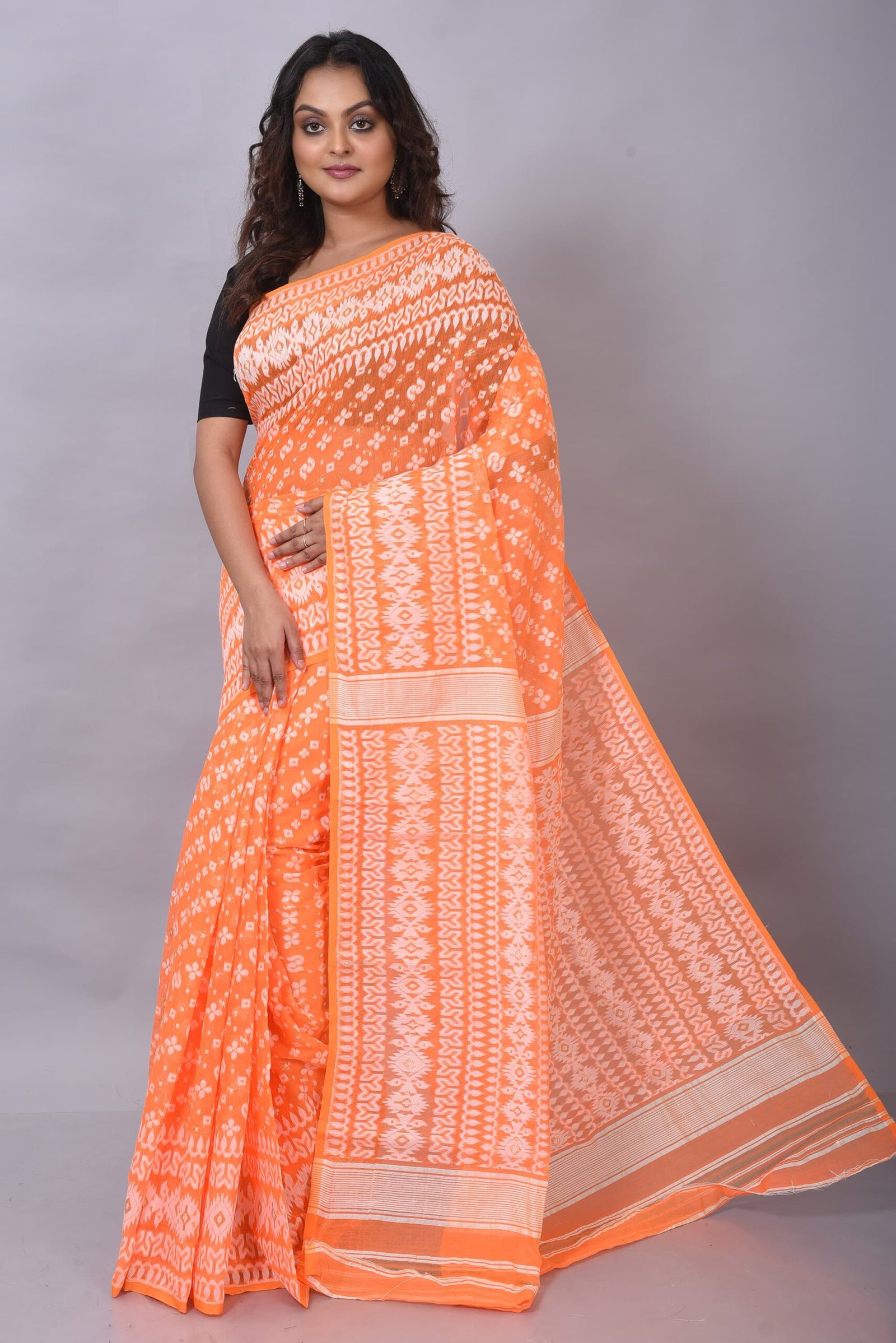 Allover Work Orange Soft Jamdani Saree