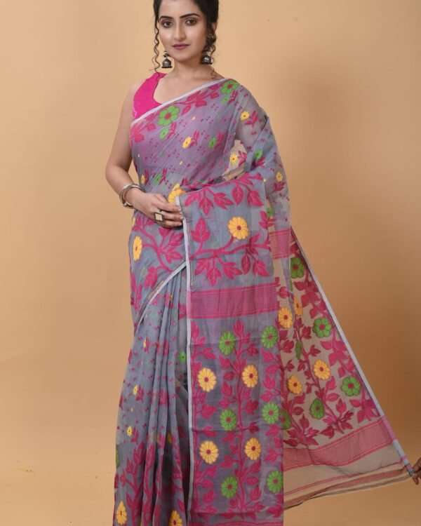 Exclusive Gray Flower Soft Jamdani Saree