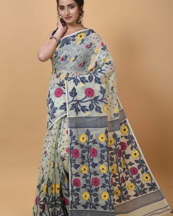 Exclusive Cream Blue Flower Soft Jamdani Saree