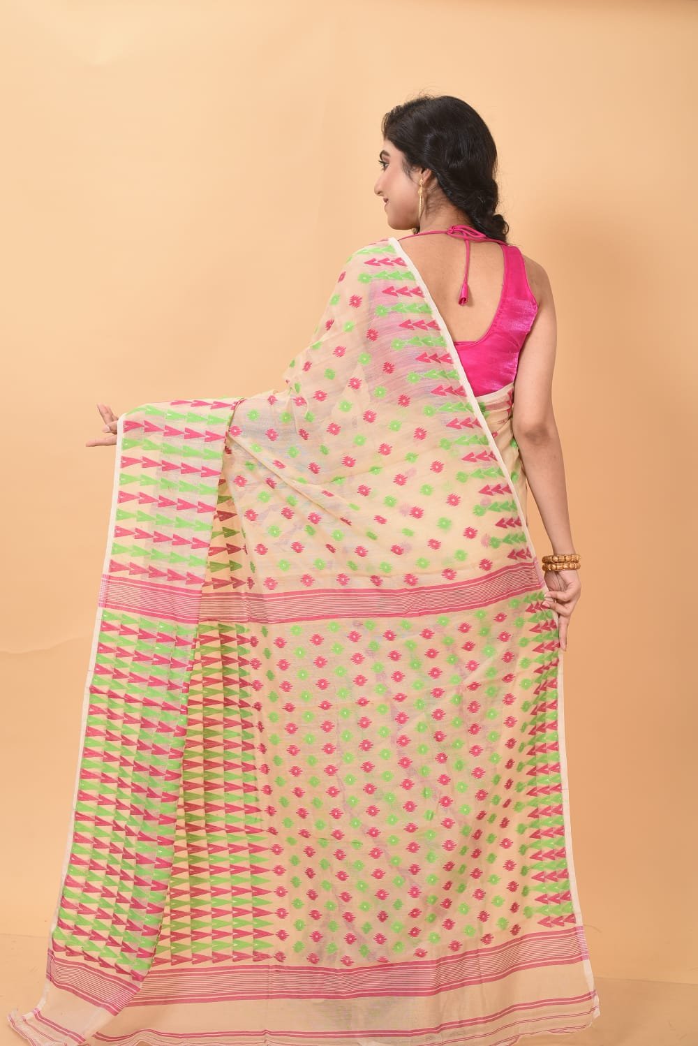 Light Apricot Soft Dhakai Jamdani Sari - Image 2