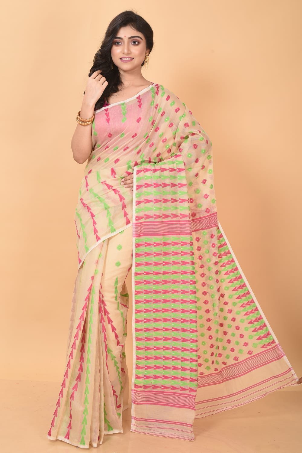 Light Apricot Soft Dhakai Jamdani Sari