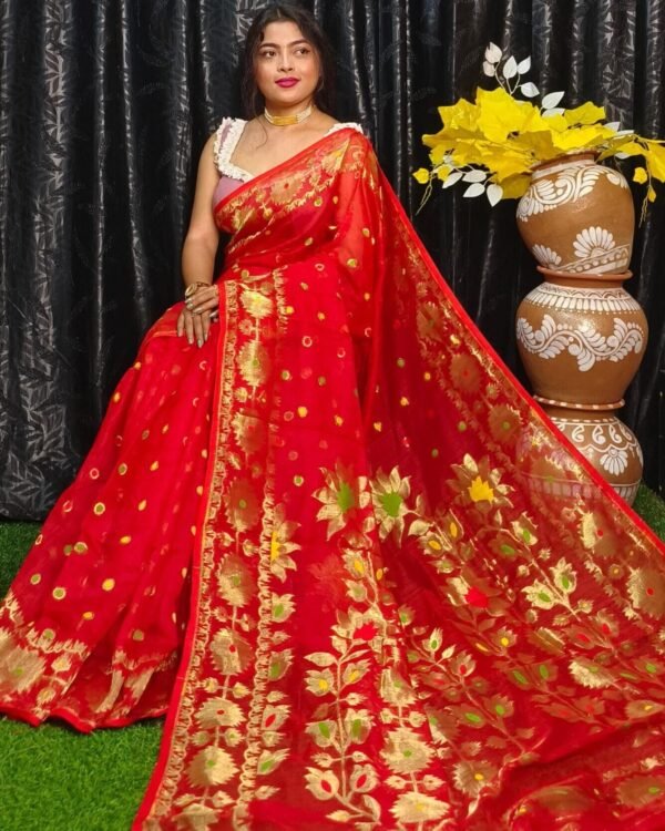 Cadmium Red Soft Joriwork Dhakai Jamdani Saree