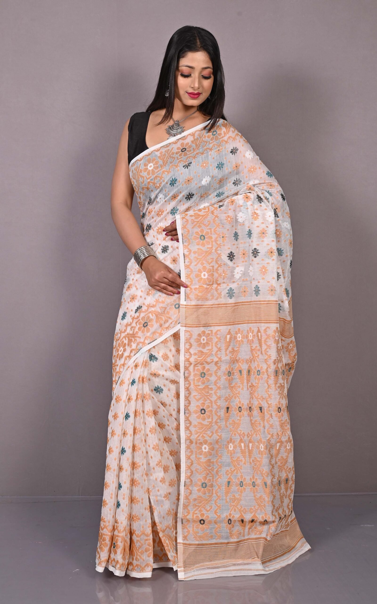 White Soft Dhakai Jamdani Sari - Image 3