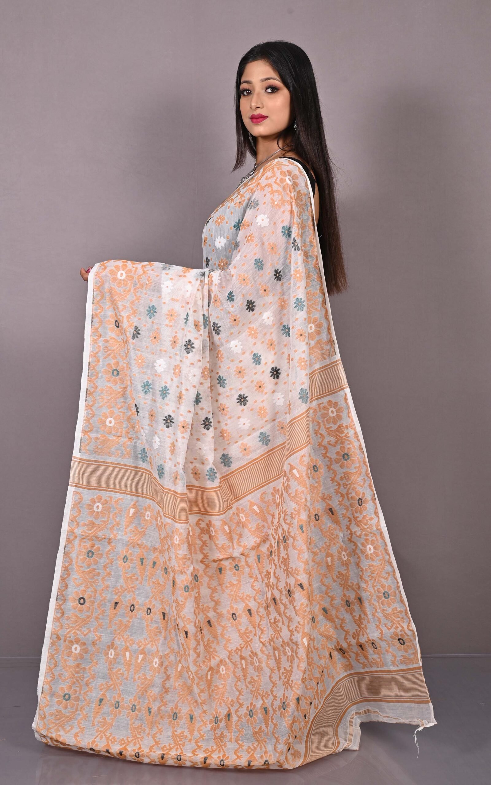White Soft Dhakai Jamdani Sari - Image 2