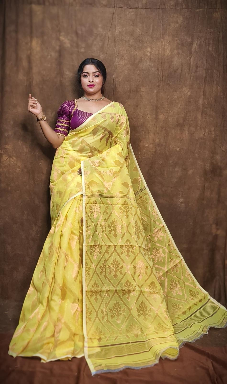 Yellow Soft Copper Joriwork Dhakai Jamdani