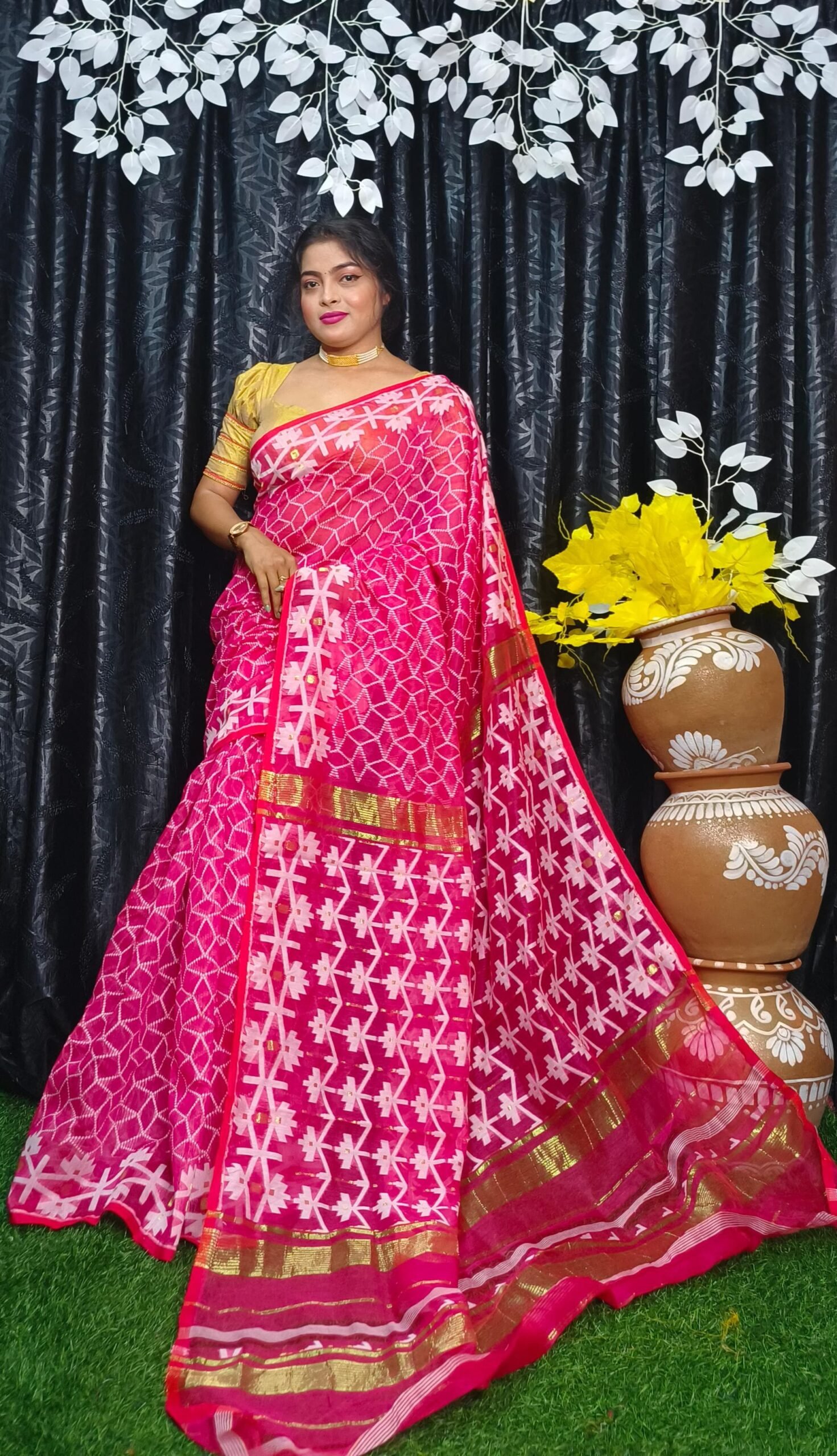 Pink Red Allover Soft Jamdani Sari - Image 2
