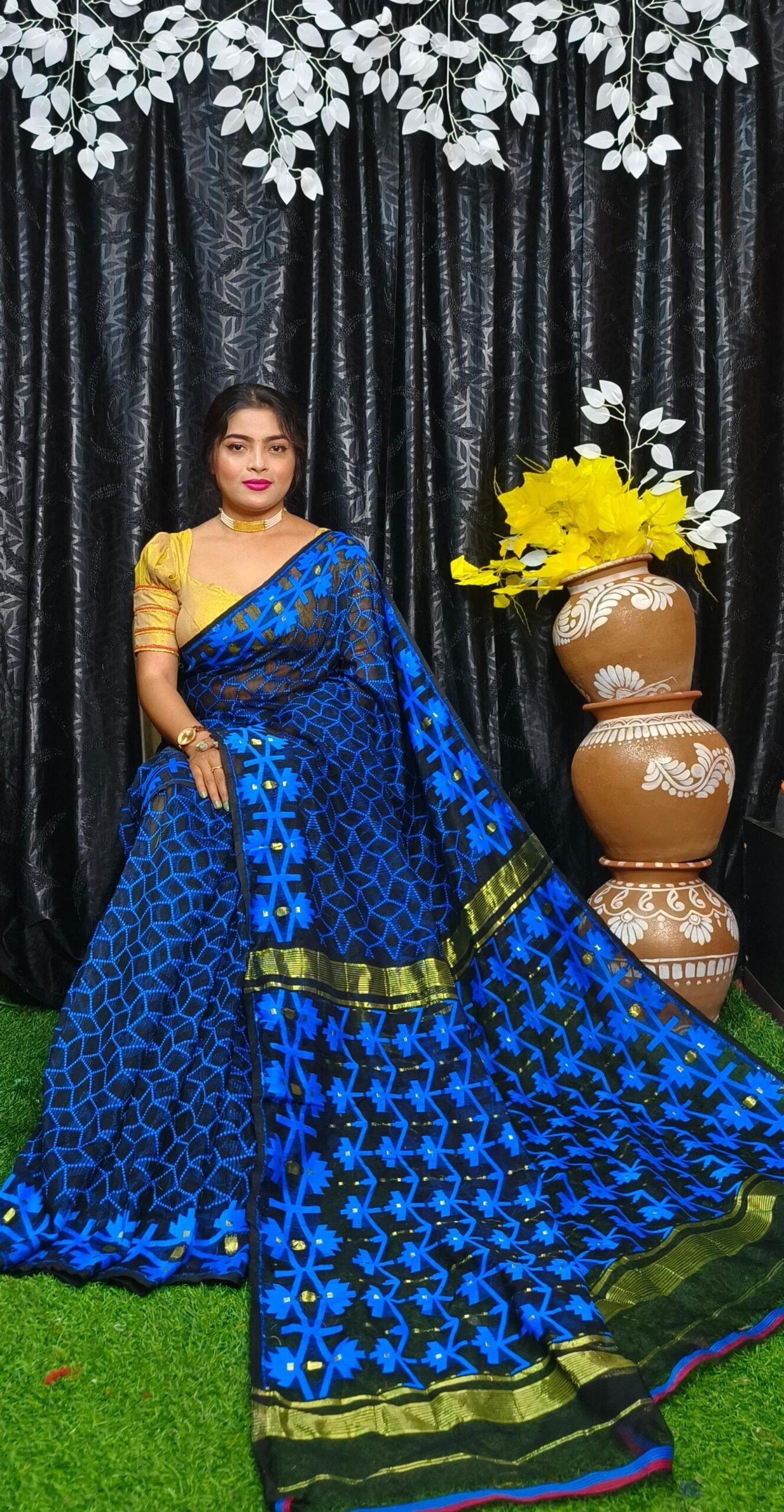 Black Blue Allover Soft Jamdani Sari