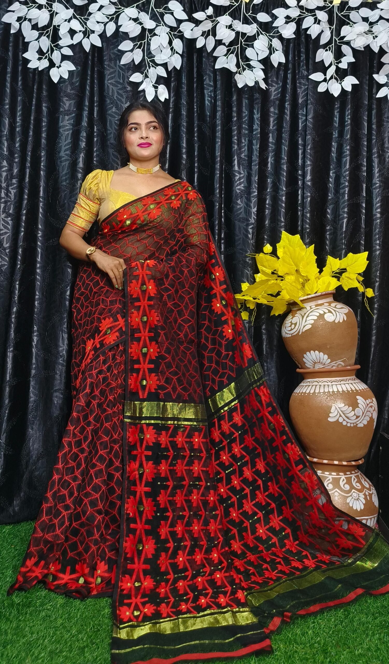 Black Red Allover  Soft Jamdani Sari