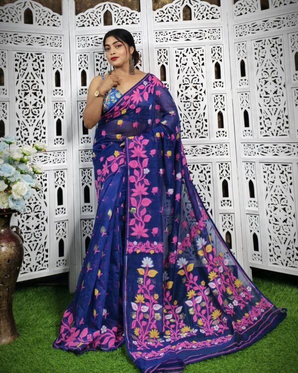Blue Pink Soft Lata Dhakai Jamdani Sari