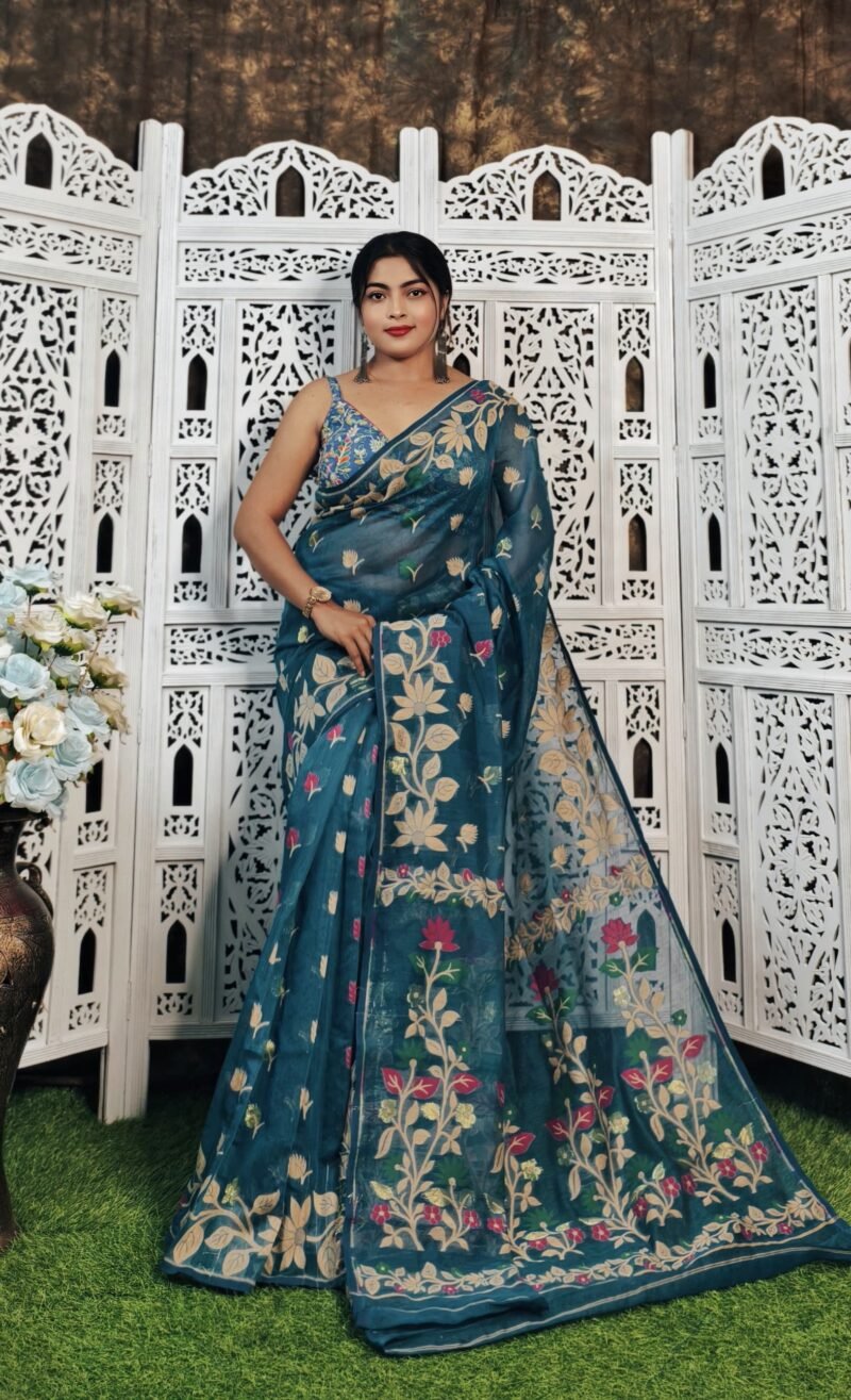 King Green Soft Lata Dhakai Jamdani Saree
