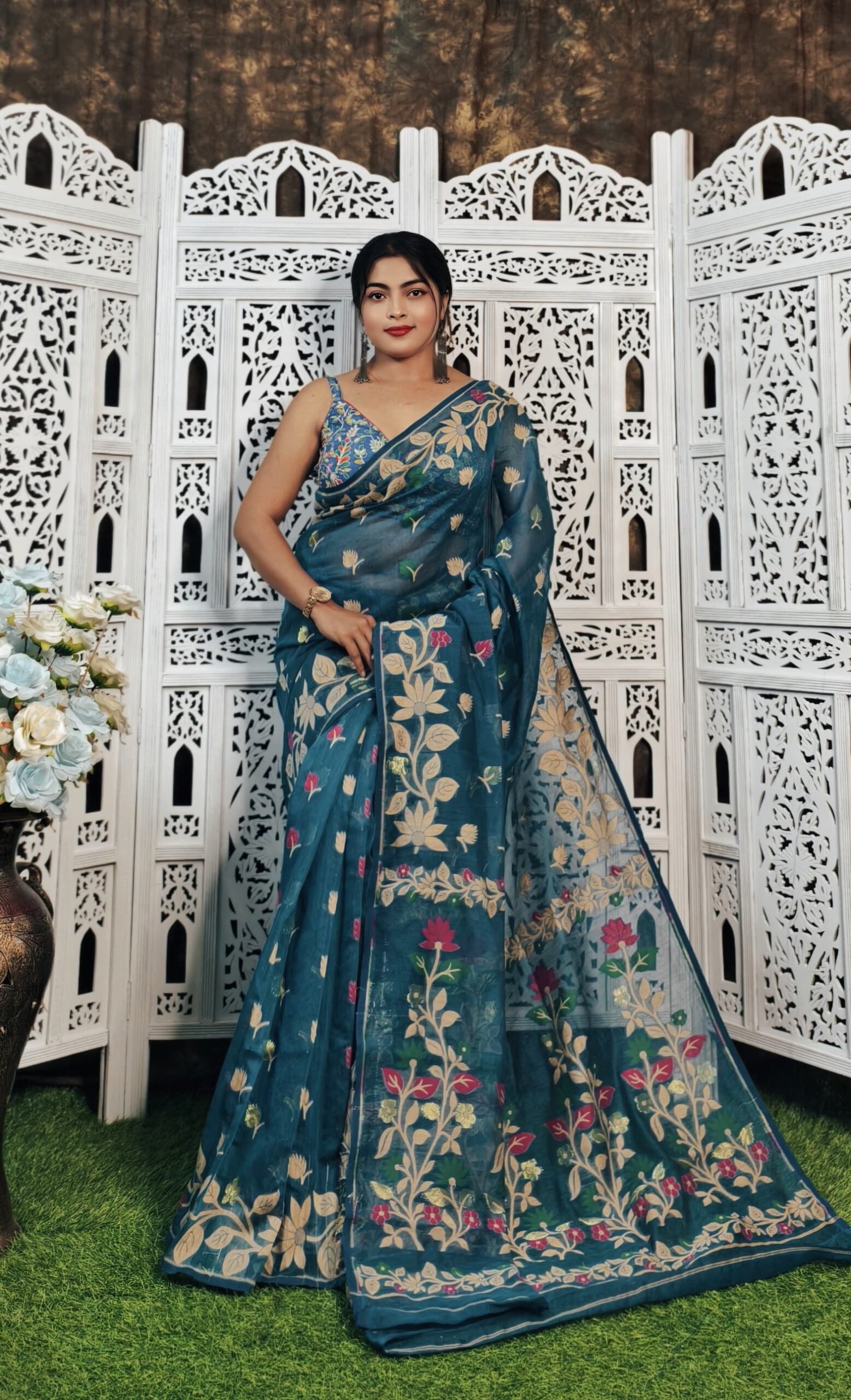King Green Soft Lata Dhakai Jamdani Saree