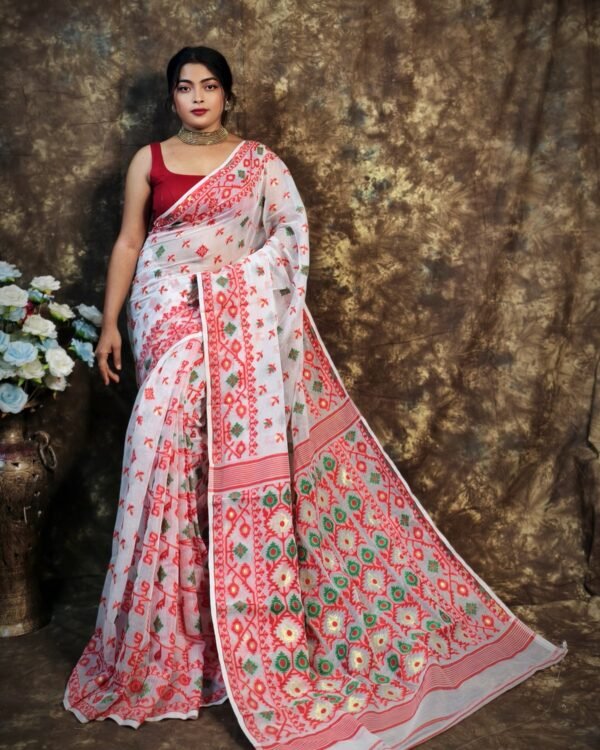 Shubhashini Allover White Red Soft Jamdani Saree