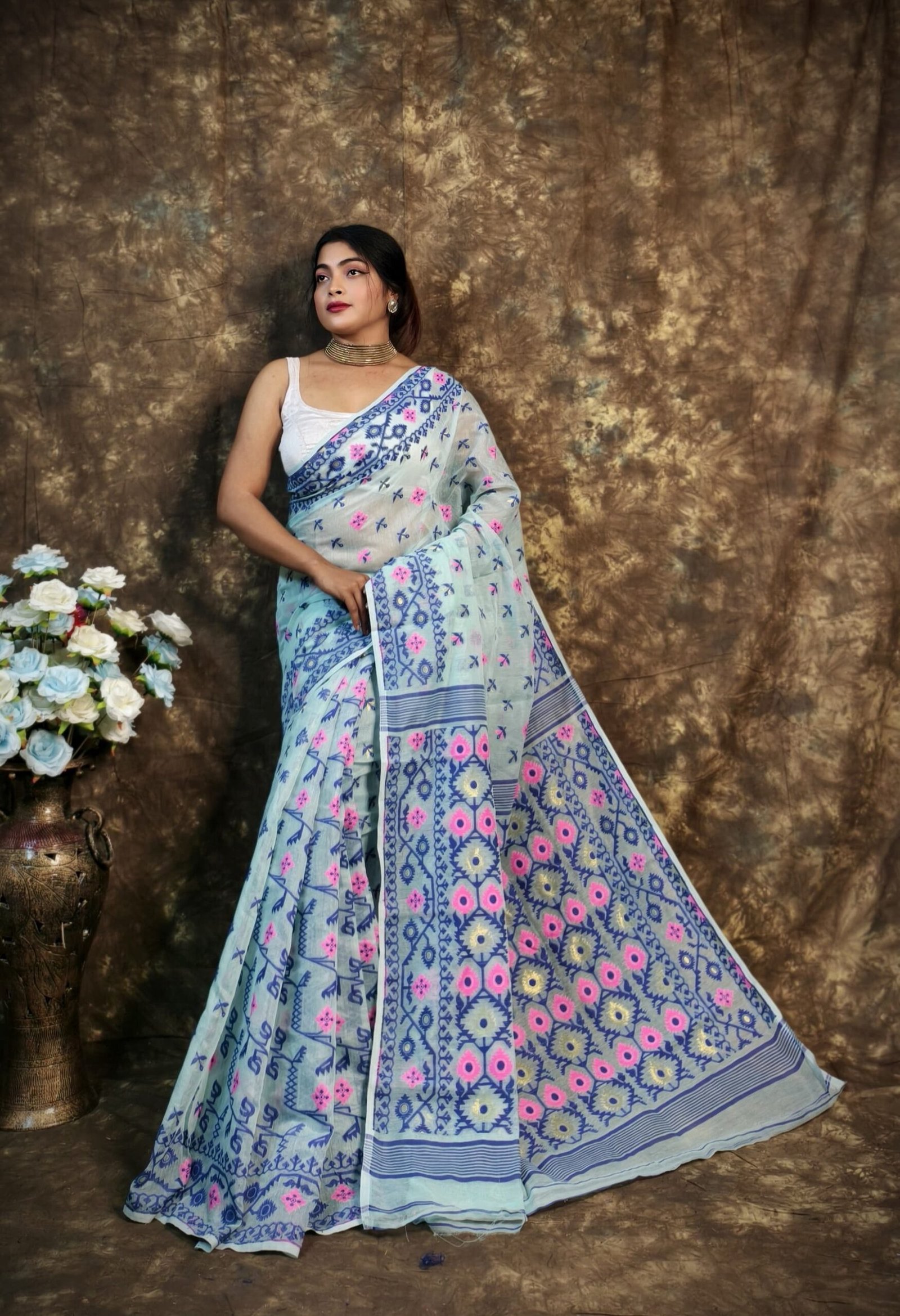 Shubhashini Allover Light Teal Soft Jamdani Saree