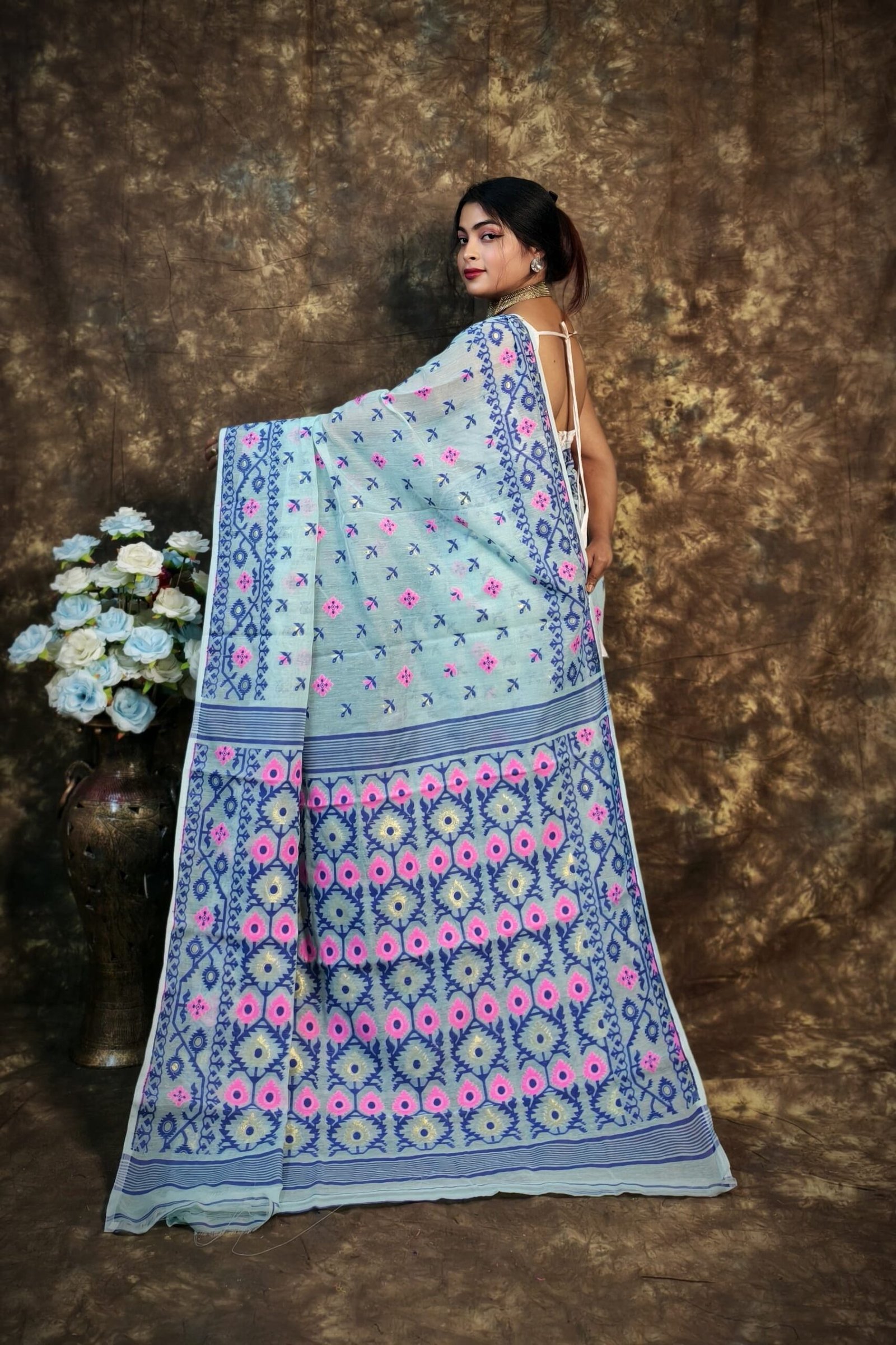 Shubhashini Allover Light Teal Soft Jamdani Saree - Image 2