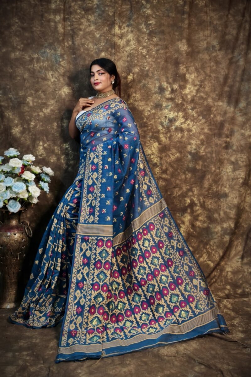 Shubhashini Allover Blue Soft Jamdani Saree - Image 4
