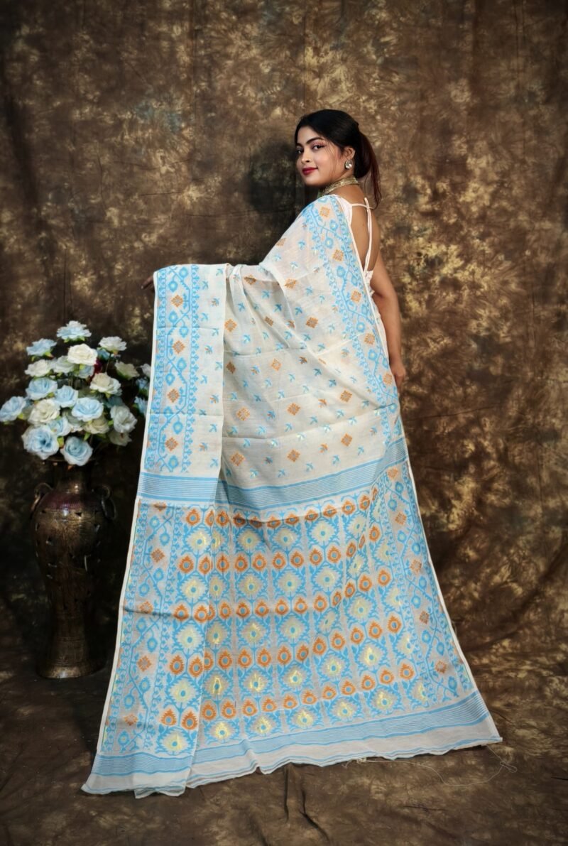 Shubhashini Allover Cream Blue Soft Jamdani Saree - Image 2