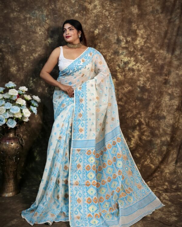 Shubhashini Allover Cream Blue Soft Jamdani Saree